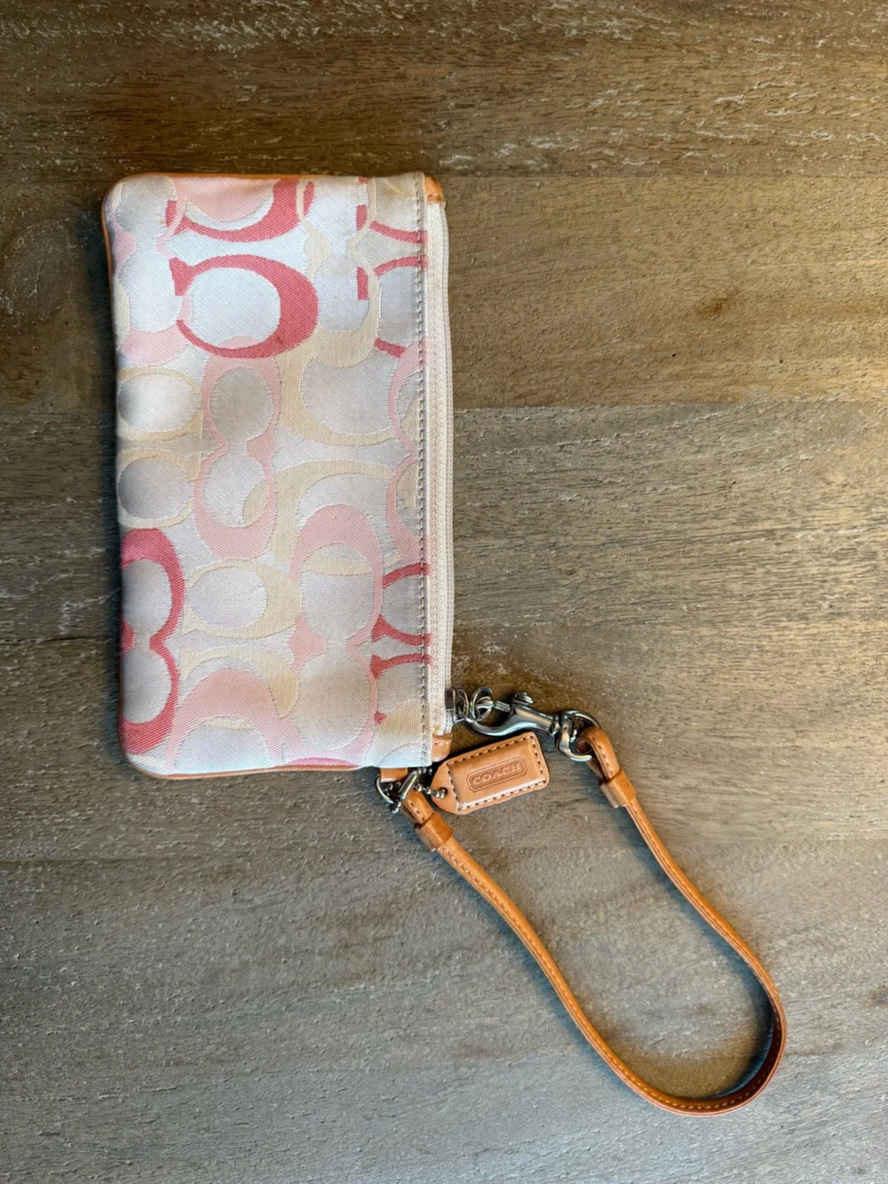 Coach Pink and Tan Signature Canvas Wristlet